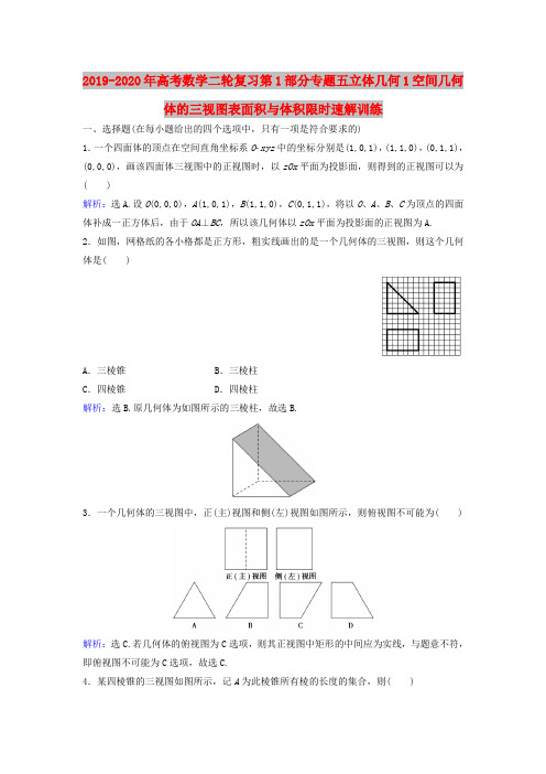 2019-2020年高考数学二轮复习第1部分专题五立体几何1空间几何体的三视图表面积与体积限时速解训练
