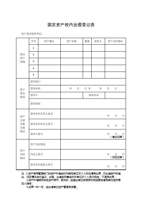 固定资产校内出借登记表