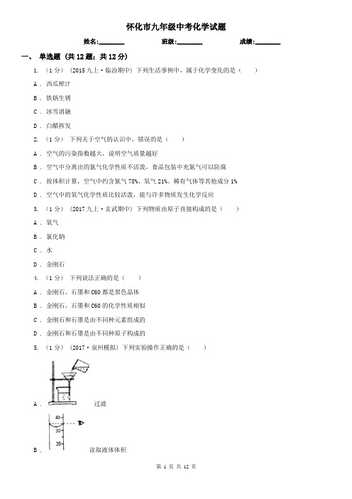 怀化市九年级中考化学试题