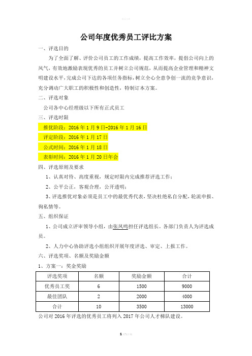 公司年度优秀员工评比方案