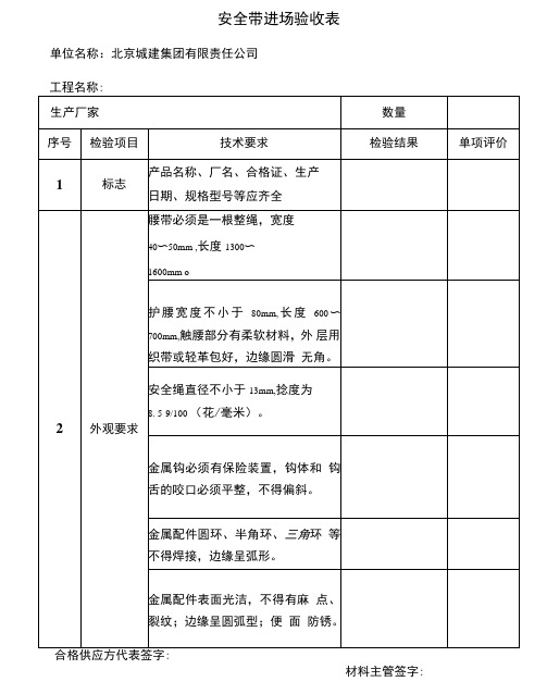 安全帽、安全带进场验收记录