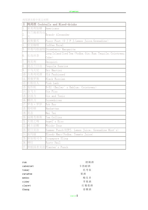 鸡尾酒名称中英文对照