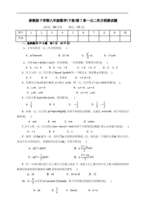 浙教版下学期八年级数学(下册)第二章一元二次方程测试题及答案