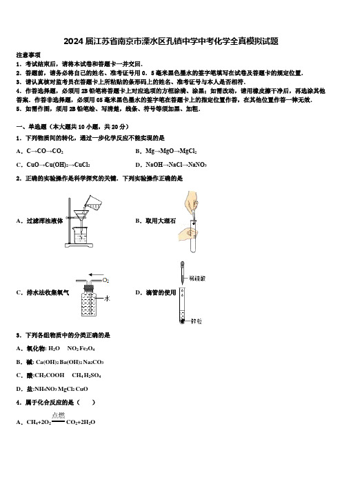 2024届江苏省南京市溧水区孔镇中学中考化学全真模拟试题含解析