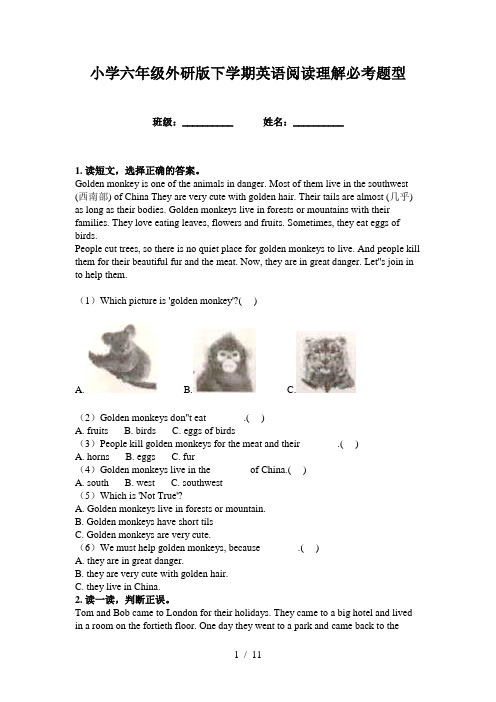 小学六年级外研版下学期英语阅读理解必考题型