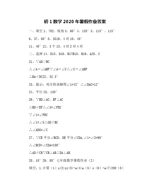 初1数学2020年暑假作业答案