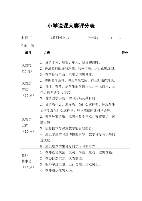 小学说课大赛评分表