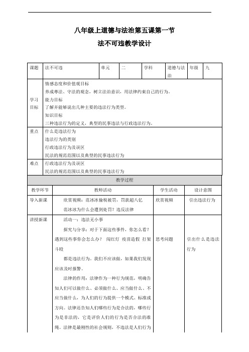 部编人教版八年级道德与法治上册5.1《法不可违》教学设计