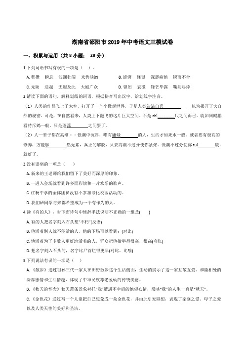 湖南省邵阳市2019年中考语文三模试卷及答案