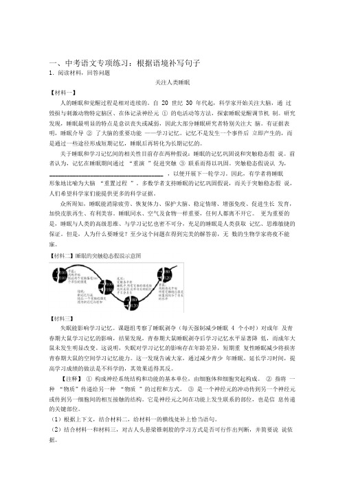 部编中考语文根据语境补写句子阅读训练及答案(Word版)