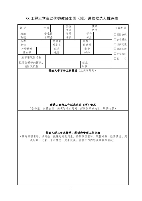 XX工程大学资助优秀教师出国(境)进修候选人推荐表