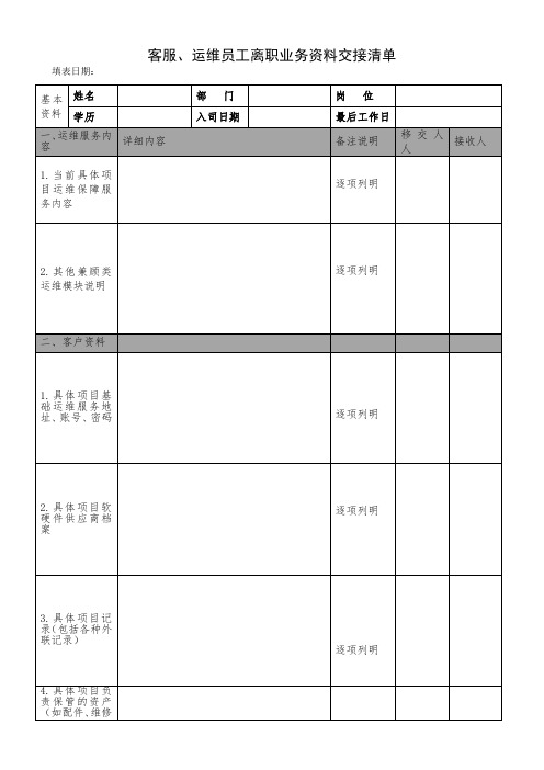 客服、运维员工离职业务资料交接清单