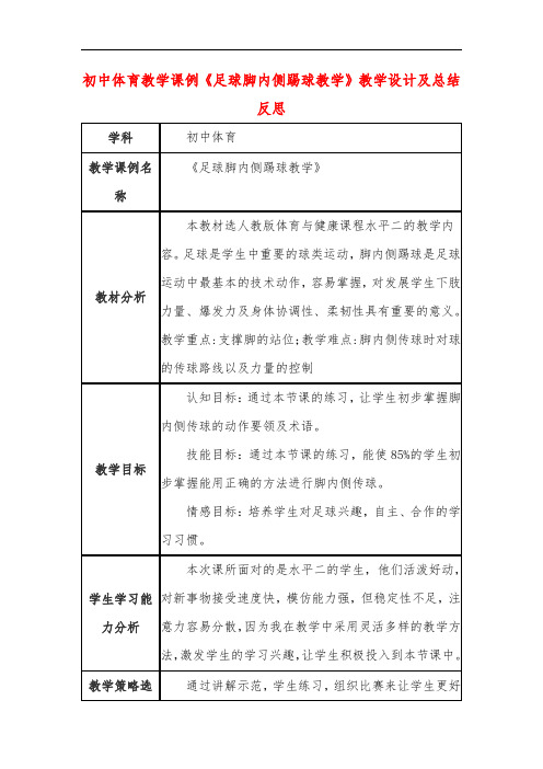 初中体育教学课例《足球脚内侧踢球教学》教学设计及总结反思