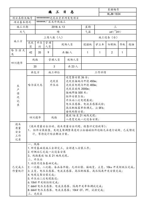 光伏项目施工日志范本