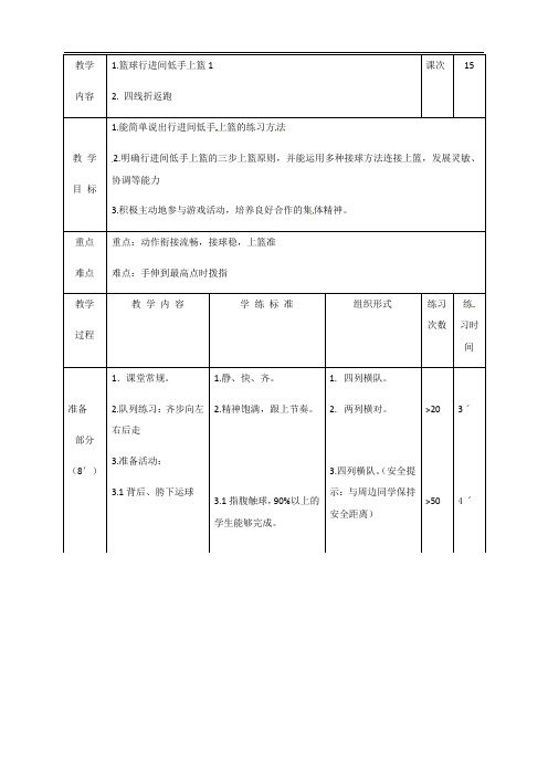 15篮球：行进间低手上篮1+四线折返跑教案-八年级体育