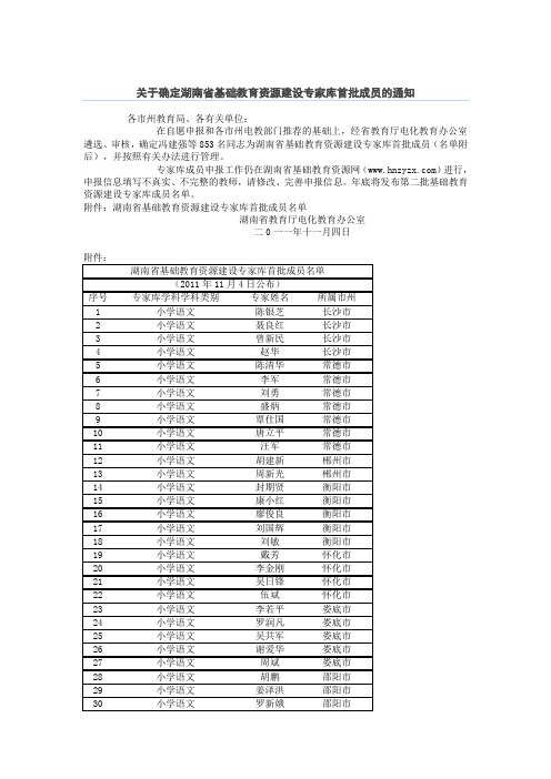 关于确定湖南省基础教育资源建设专家库首批成员的通知