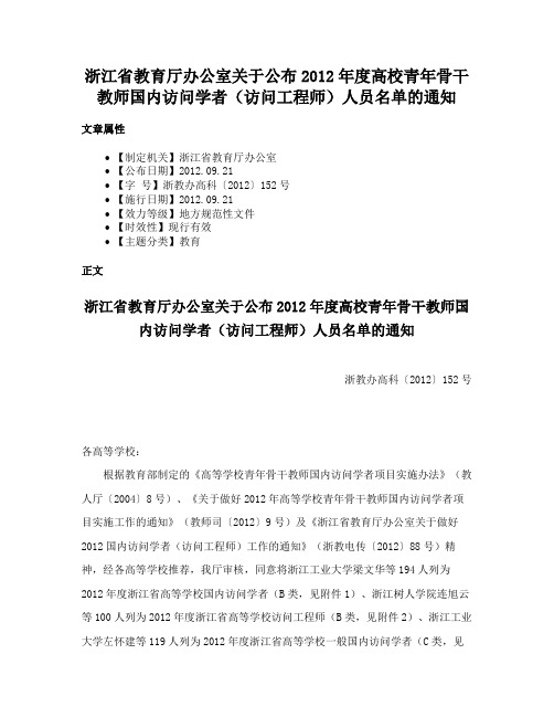 浙江省教育厅办公室关于公布2012年度高校青年骨干教师国内访问学者（访问工程师）人员名单的通知