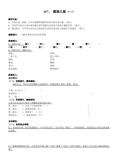 初中语文人教九年级上册16《孤独之旅》导学案