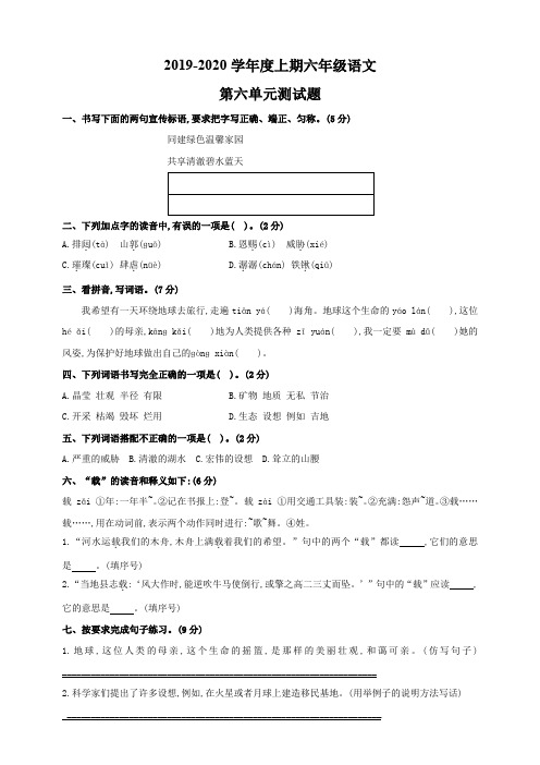 人教统编版2019-2020学年六年级语文上册第六单元测试卷 (含答案)