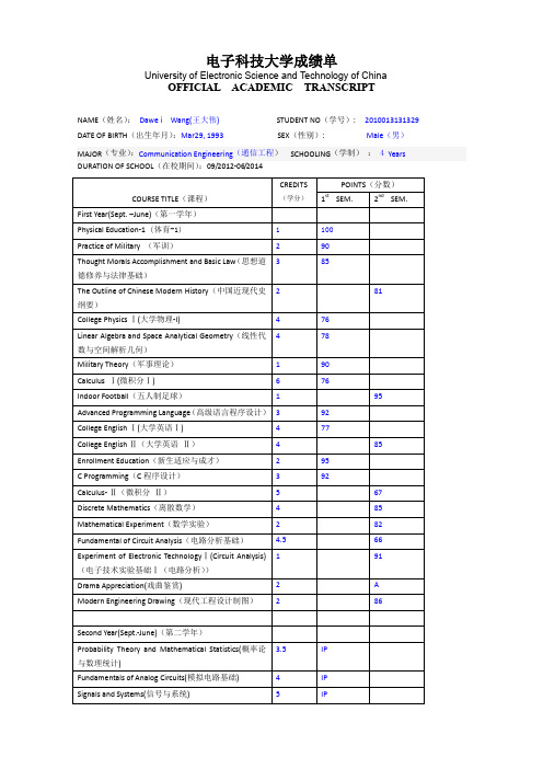 电子科技大学成绩单