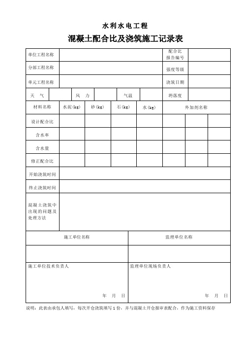 (水利工程)混凝土配合比及浇筑施工记录