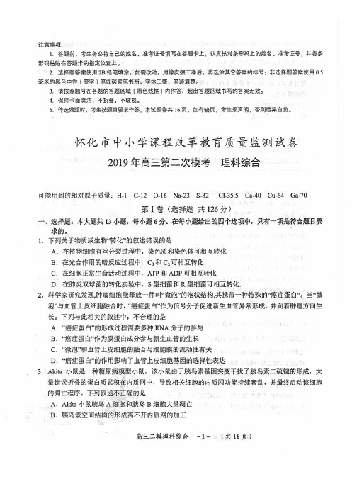 湖南省怀化市2019届高三4月第二次模拟考试 理科综合(含答案)