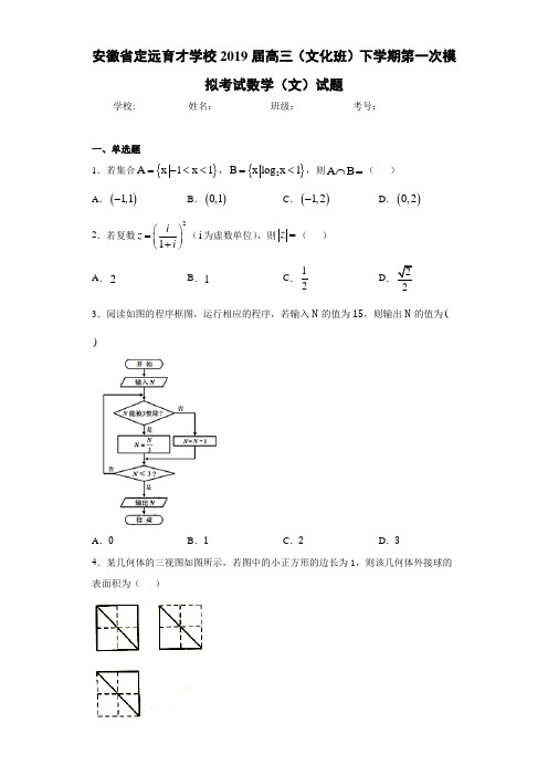 安徽省定远育才学校2021届高三(文化班)下学期第一次模拟考试数学(文)试题