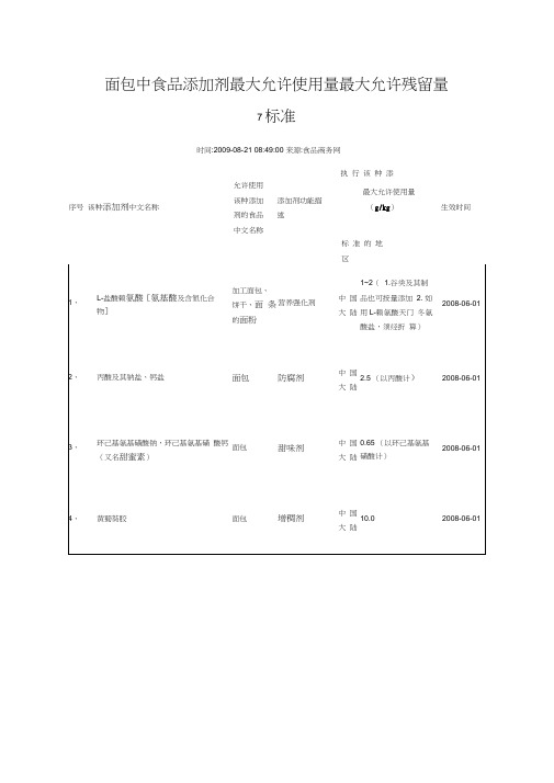 面包中食品添加剂最大允许使用量最大允许残留量标准