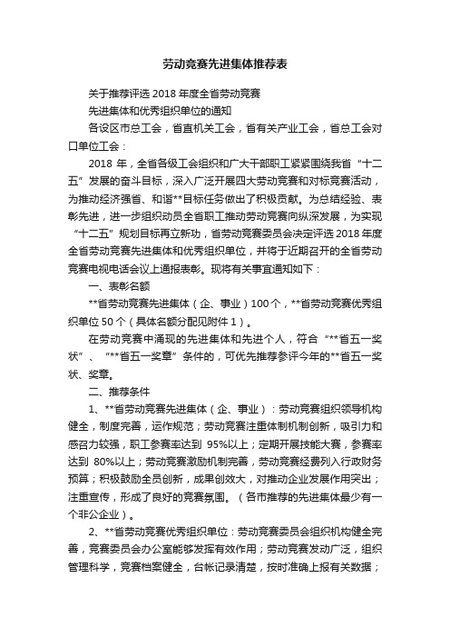 劳动竞赛先进集体推荐表