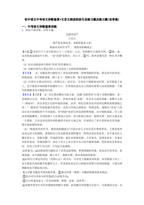 初中语文中考语文诗歌鉴赏+文言文阅读的技巧及练习题及练习题(含答案)