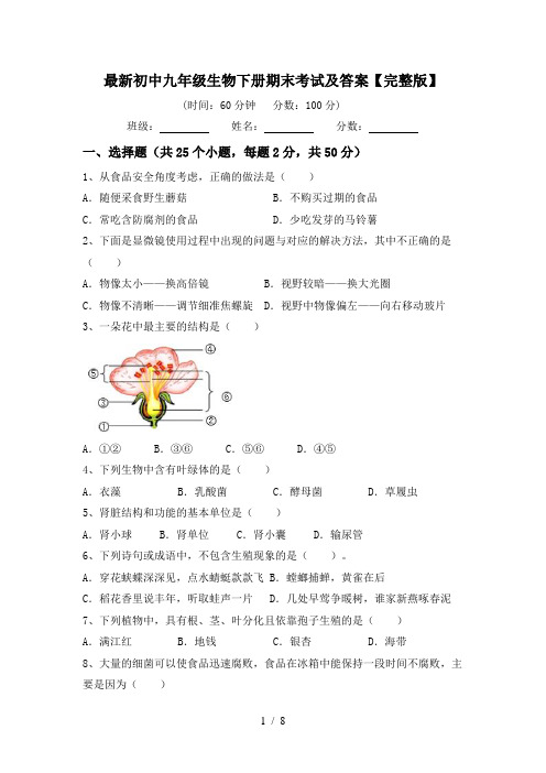 最新初中九年级生物下册期末考试及答案【完整版】