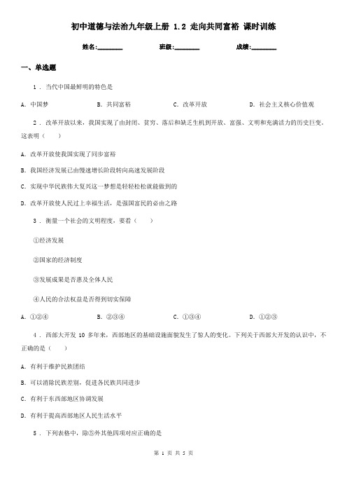 初中道德与法治九年级上册 1.2 走向共同富裕 课时训练