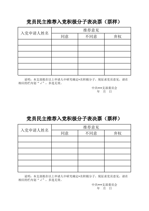 党员民主推荐入党积极分子表决票