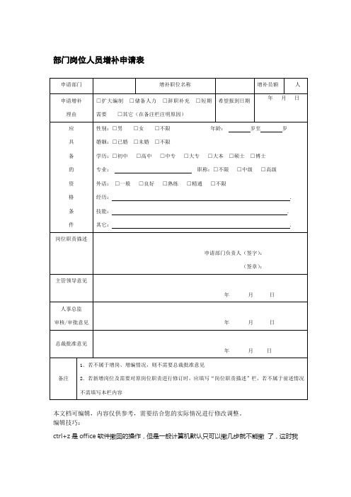 部门岗位人员增补申请表