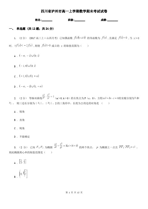 四川省泸州市高一上学期数学期末考试试卷