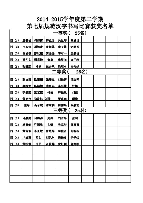 (四年级)第七届规范汉字书写比赛获奖名单