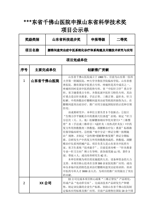 山东省千佛山医院申报山东省科学技术奖项目公示单【模板】