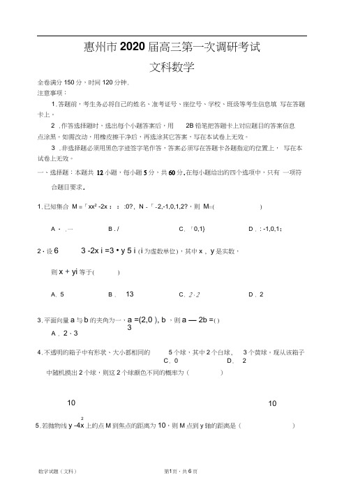广东惠州市2020届高三第一次调研考试数学(文科)试卷