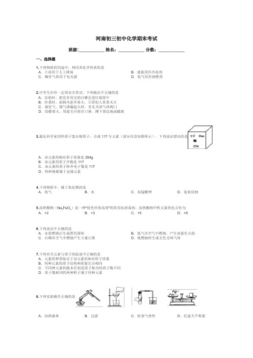 河南初三初中化学期末考试带答案解析
