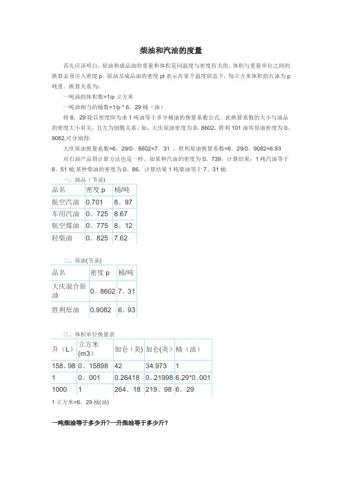 汽油、柴油吨换算升的计算方法