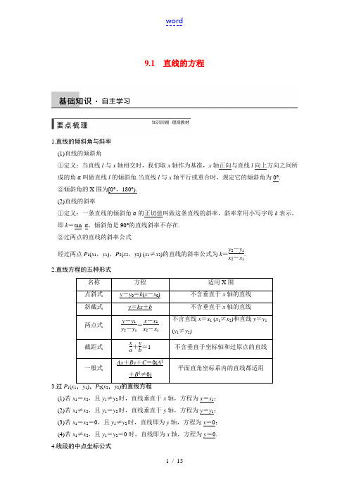 【步步高】2015届高考数学第一轮大复习(基础+思想典型题+题组专练)9.1 直线的方程文档专练 文