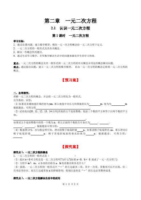 北师版九年级数学上册学案2.1 第1课时 一元二次方程