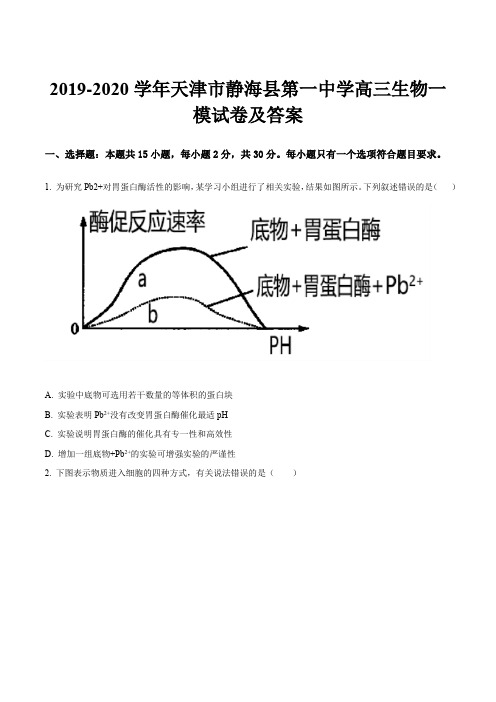 2019-2020学年天津市静海县第一中学高三生物一模试卷及答案