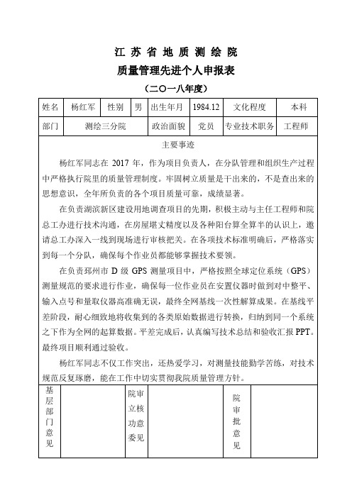 2018年质量管理先进个人表格-杨红军