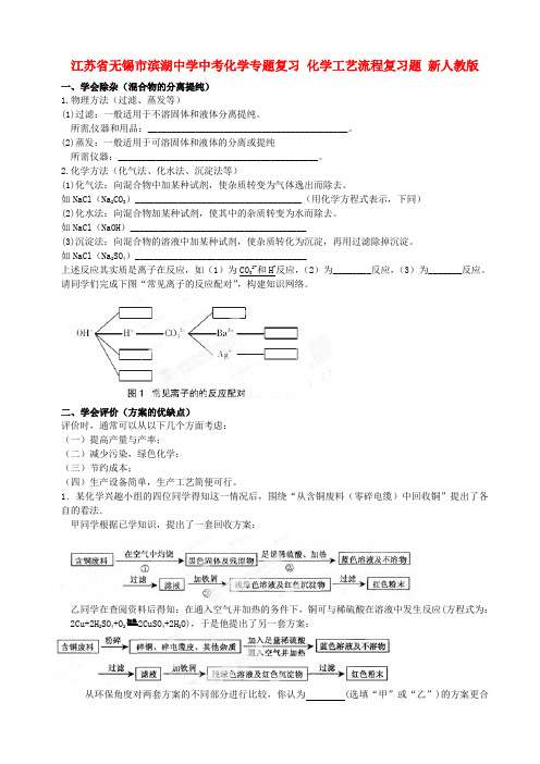 江苏省无锡市滨湖中学中考化学专题复习 化学工艺流程复习题(无答案) 新人教版