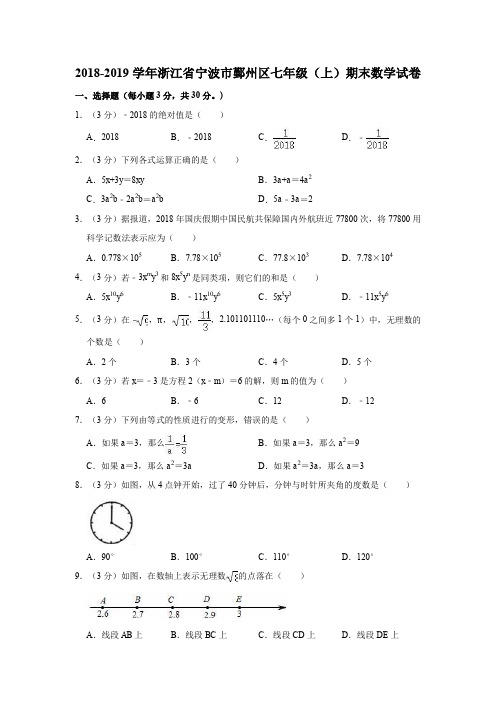 2018-2019学年浙江省宁波市鄞州区七年级(上)期末数学试卷(解析版)