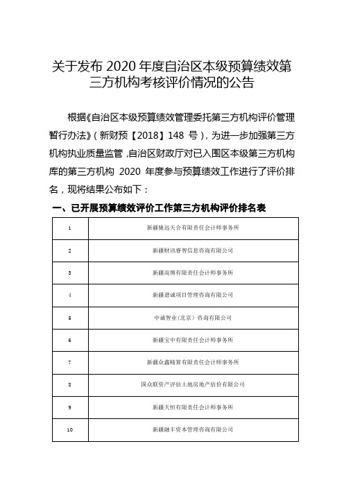 关于发布2020年度自治区本级预算绩效第三方机构考核评价情况的公告【模板】