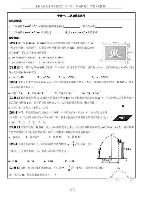 北师大版九年级下册数学 第二章 二次函数复习 学案(无答案)