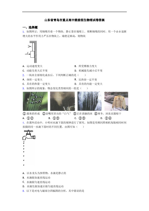 山东省青岛市重点高中提前招生物理试卷答案