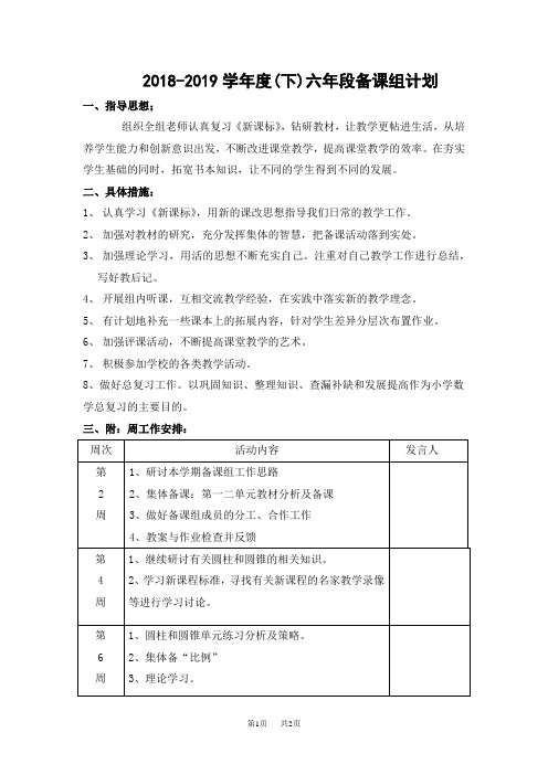 六年级下数学备课组工作计划